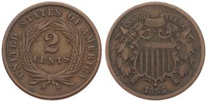 United States of America, Republic, 2 Cents Copper-Tin-Zinc 1865, Shield within sprigs, KM 94, A.VF
