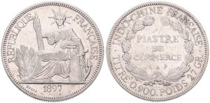 French Indo-China, Colony, 1 Piastre Silver 1897A, Liberty seated left with fasces, KM 5a.1, VF