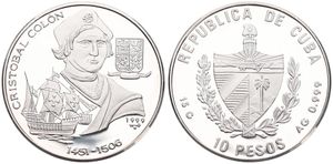 Cuba, Second Republic, 10 Pesos Silver 1999, Christopher Columbus, ship and arms, KM 755, PROOF