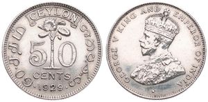 Ceylon, British Colony, George V, 50 Cents Silver 1929, Crowned bust left, KM 109a, A.UNC (slightly cleaned)