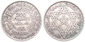 Morocco, French Protectorate, Mohammed V, 200 Francs Silver AH1372-1953, Star of David within circle, KM 53, XF