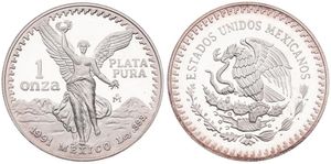 Mexico, Estados Unidos, 1 Onza Silver 1991, Libertad - Winged Victory, KM 494.3, PROOF