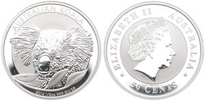 Australia, British Colony, Elizabeth II, 50 Cents Silver 2014, Koala facing forward with leaves in foreground, KM New, PROOF