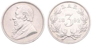 South Africa, Republik, 3 Pence Silver 1892, Bust of Paul Kruger left, KM 3, SCARCER KEY DATE, VF