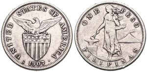 Philippines, United States Administration, 1 Peso Silver 1907S, Eagle above stars and striped shield, KM 172, VF