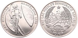 Lao, Peoples Democratic Republic, 10 Kip Nickel Plated Steel 1991, Olympics - Bicyclist, KM 46, UNC