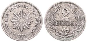 Uruguay, Republic, 2 Centesimos Copper-Nickel 1901A, Radiant sun design, KM 20, A.UNC