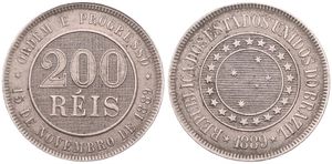 Brazil, Republic, 200 Reis Copper-Nickel 1889, Stars within double circle, KM 493, XF