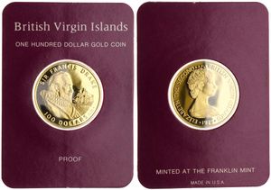 British Virgin Islands, Colony, Elizabeth II, 100 Dollars Gold 1979, Sir Francis Drake, KM 25, PROOF, Comes in original box with certificate of authenticity (*)