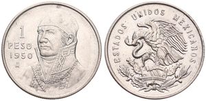 Mexico, Estados Unidos, 1 Peso Silver 1950, Armored bust left, KM 457, A.UNC