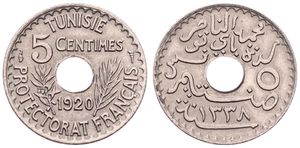 Tunisia, French Protectorate, Muhammad al-Nasir Bey, 5 Centimes Nickel-Bronze AH1338-1920, Inscription around center hole within sprigs, KM 242, UNC