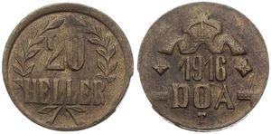 German East Africa, Colony, Wilhelm II, 20 Heller Brass 1916T, Crown with ribbon above date, KM 15a, XF 