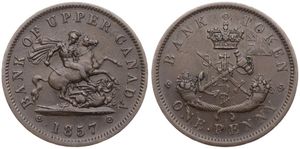 Canada, Upper Canada, British Administration, 1 Penny Copper 1857, St. George on horseback slaying a dragon, KM Tn3, XF