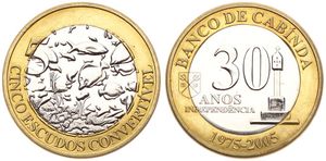 Cabinda, Government in Excile, 5 Escudos Convertivel Bi-Metallic ND (2005), 30th Anniversary of Independence - Fish above reef, KM X10, UNC