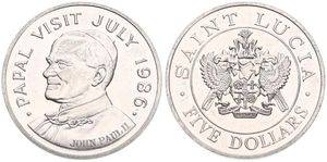 Saint Lucia, British Associated State, 5 Dollars Copper-Nickel 1986, Visit of Pope John Paul II, KM 14, UNC