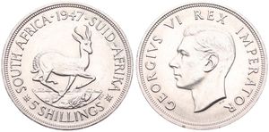 South Africa, British Colony, George VI, 5 Shillings Silver 1947, Royal Visit - Springbok, KM 31, UNC