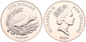 New Zealand, British Dependency, Elizabeth II, 1 Dollar Copper-Nickel 1986, Kakapo bird, KM 57, B.UNC