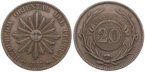Uruguay, Republic, 20 Centesimos Copper 1857D, Radiant sun face, KM 9, VF