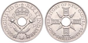 New Guinea, Australian Territory, George V, 1 Shilling Silver 1935, Crown and scepters around center hole, KM 5, UNC 