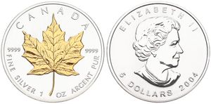 Canada, Confederation, Elizabeth II, 5 Dollars Silver 2004, GILDED Maple Leaf - New bust right, KM 625a, UNC