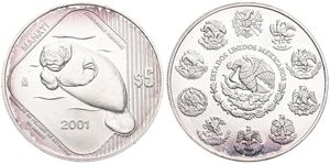 Mexico, Estados Unidos, 5 Pesos Silver 2001, Endangered Wildlife - Manatee, KM 651, UNC