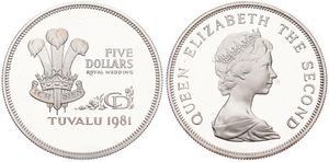 Tuvalu, Constitutional Monarchy within the Commonwealth, Elizabeth II, 5 Dollars Silver 1981, Wedding of Prince Charles and Lady Diana, KM 12a, PROOF