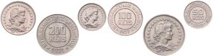 Brazil, Republic, 50, 100 & 200 Reis Copper-Nickel 1919-1927, Liberty bust right, KM 517/519, XF/AU