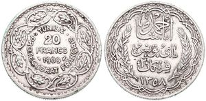 Tunisia, French Protectorate, Ahmad Pasha Bey, 20 Francs Silver AH1358-1939, Inscription and date within sprigs, KM 266, XF