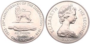 Ascension Island, British Dependency, Elizabeth II, 1 Crown Copper-Nickel 1978, 25th Anniversary of Coronation, KM 1, UNC