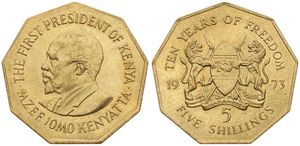 Kenya, Republic, 5 Shillings Brass 1973, 10th Anniversary of Independence - Bust of President Mzee Jomo Kenyatta left, KM 16, A.UNC