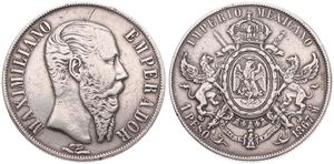 Mexico, Empire of Maximilian, 1 Peso Silver 1867 Mo, Bearded head right / Crowned arms with supporters, KM 388.1 (Mexico City), VF