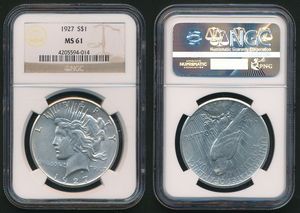United States of America, Republic, 1 Dollar Silver 1927, Peace Dollar, KM 150, NGC Graded MS-61