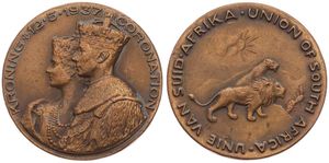 South Africa, British Colony, Medal in Bronze 1937, Coronation of George VI, Conjoined crowned busts of George VI & Elizabeth left / Lion & Lioness standing on a rocky ledge, XF
