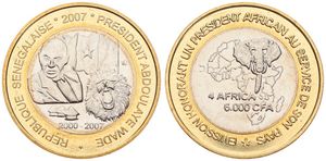 Senegal, Republic, 6000 CFA Francs Bi-Metallic 2007, President Abdoulaye Wade, KM X14, UNC