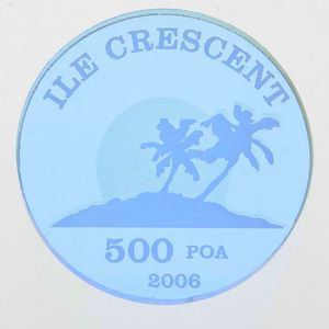 Ile Crescent, French Overseas Territory, 500 Poa Blue Acrylic 2006, Two palm trees on island, KM X1, SCARCE, UNC