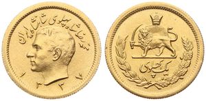 Iran, Kingdom, Muhammad Reza Pahlavi Shah, 1 Pahlavi Gold SH1337 (1958), Head left / Radiant lion holding sword within crowned wreath, KM 1162, UNC (*)
