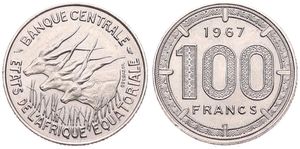 Equatorial African States, Currency Union, 100 Francs Nickel 1967, Three giant eland left, KM 5, UNC