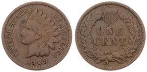 United States of America, Republic, 1 Cent Bronze 1909, Indian head cent, KM 90a, Fine