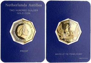 Netherlands Antilles, Dutch Administration, Juliana, 200 Gulden Gold 1976, US Bicentennial - Sailing ship 'Andrew Doria', KM 16, PROOF, Comes in original box (*)
