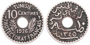 Tunisia, French Protectorate, Muhammad al-Habib Bey, 10 Centimes Nickel-Bronze AH1345-1926, Inscription around center hole within sprigs, KM 254, SCARCE, A.VF