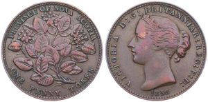 Canada, Nova Scotia, Province, 1 Penny Token Copper 1856 LCW, Bust of Victoria left / Mayflower, KM 6, VF