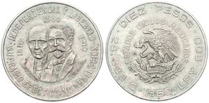 Mexico, Estados Unidos, 10 Pesos Silver 1960, 150th Anniversary of the War of Independence, KM 476, A.UNC