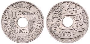 Tunisia, French Protectorate, Ahmad Pasha Bey, 10 Centimes Nickel-Bronze AH1350-1931, Inscription around center hole within sprigs, KM 259, XF