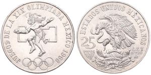 Mexico, Estados Unidos, 25 Pesos Silver 1968, Olympics - Dancing Native, KM 479.1, UNC