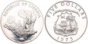 Liberia, Republic, 5 Dollars Silver 1973, Standing African Elephant above star, KM 29, PROOF