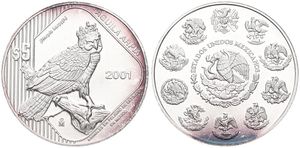 Mexico, Estados Unidos, 5 Pesos Silver 2001, Endangered Wildlife - Crowned Harpy Eagle, KM 653, UNC
