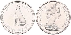 Canada, Confederation, Elizabeth II, 50 Cents Silver ND (1967), Confederation Centennial - Seated wolf howling, KM 69, UNC