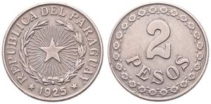 Paraguay, Republic, 2 Pesos Copper-Nickel 1925, Radiant star within wreath, KM 14, XF