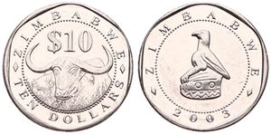 Zimbabwe, Republic, 10 Dollars Nickel Plated Steel 2003, Water Buffalo facing, KM 14, UNC
