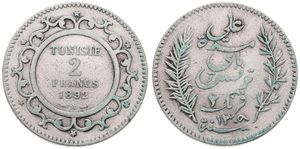 Tunisia, French Protectorate, Ali Bey, 2 Francs Silver AH1309-1892, Inscription within sprigs, KM 225, Fine